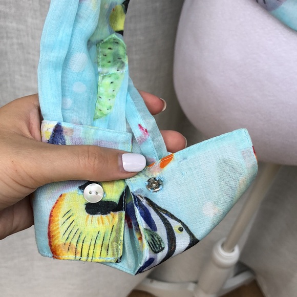 Leggiadro light blue with fishes button down blouse tie at waist - Picture 8 of 14